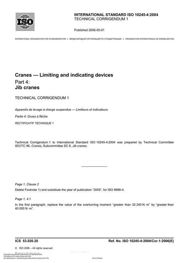 ISO 10245-4 2004 Technical Corrigendum Cranes Limiting and indicating device