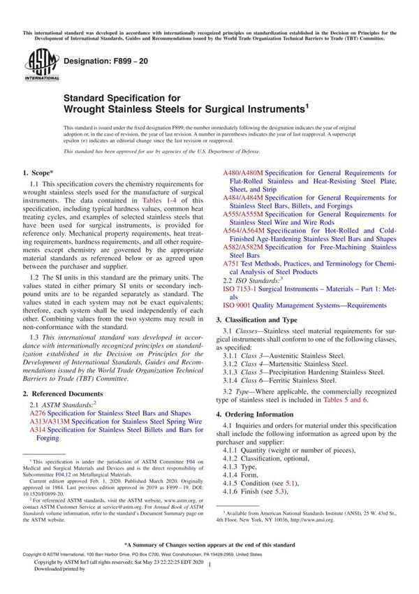 ASTM F899-20 Standard Specification for Wrought Stainless Steels for Surgical Instruments