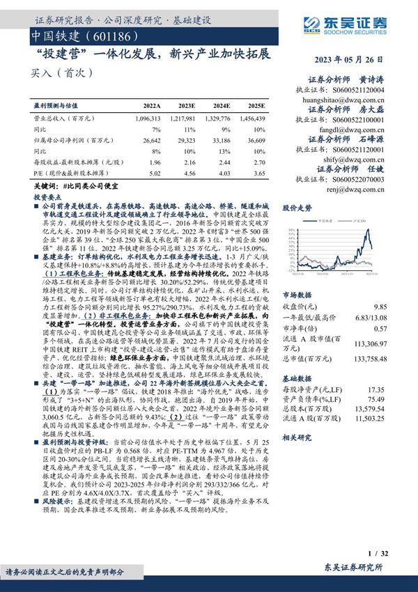中国铁建 -投建营一体化发展,新兴产业加快拓展