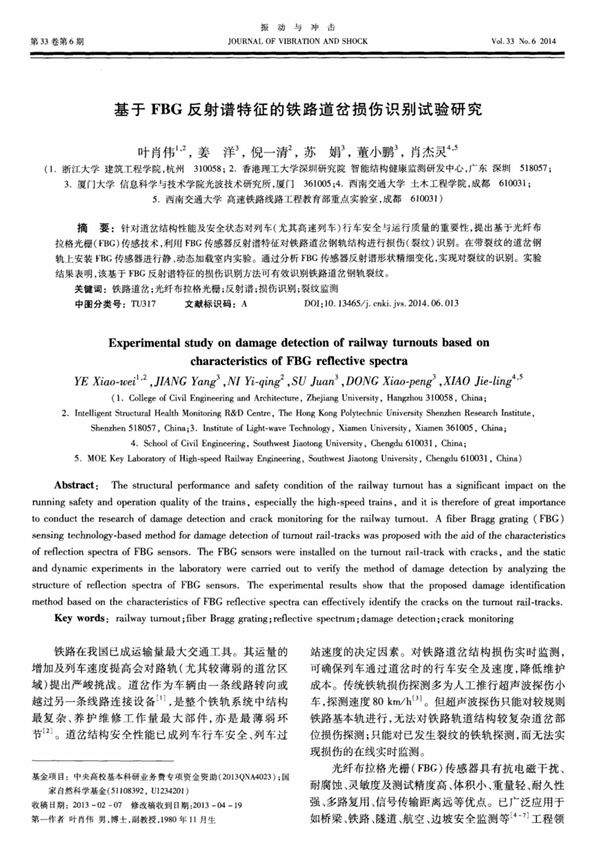 基于fbg反射谱特征的铁路道岔损伤识别试验研究