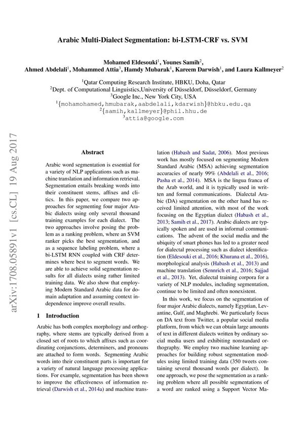 Arabic Multi-Dialect Segmentation bi-LSTM-CRF vs. SVM