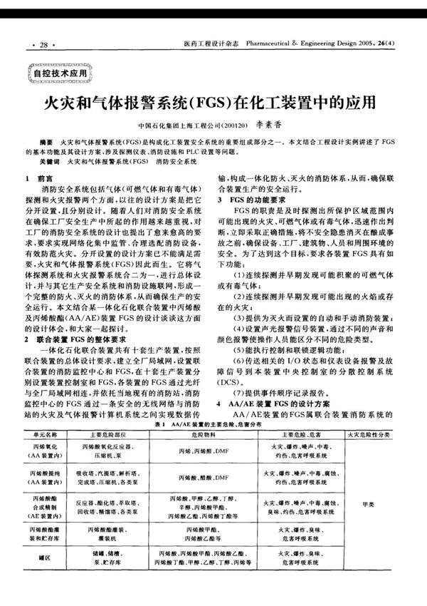 火灾和气体报警系统(FGS)在化工装置中的应用