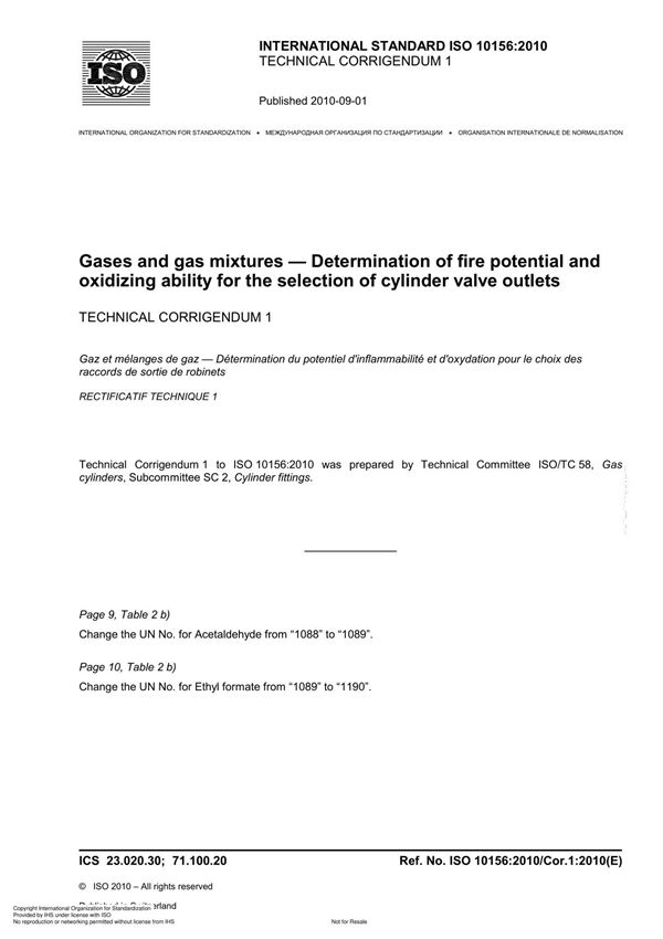 ISO 10156 2010 TECHNICAL CORRIGENDUM 1 Gas cylinders Gases and gas mixture