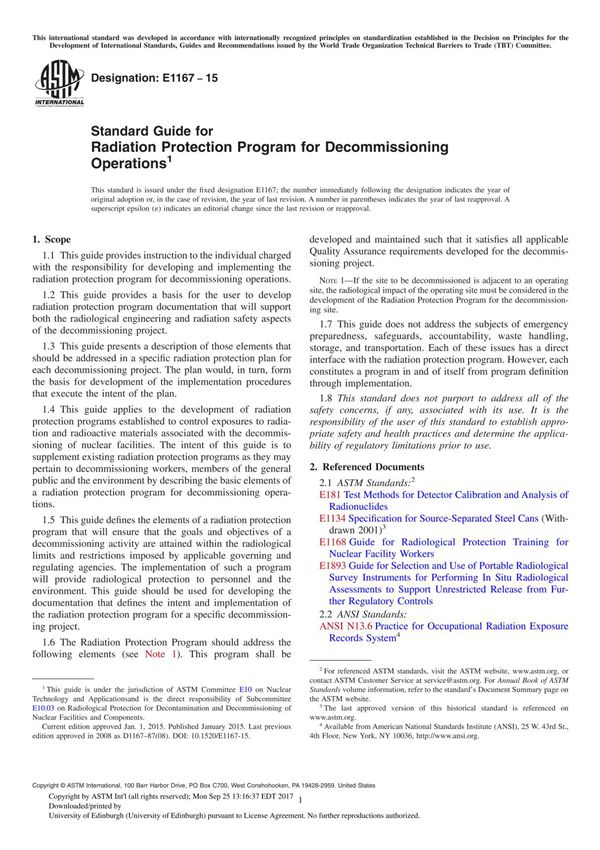 Standard Guide for Radiation Protection Program for Decommissioning Operations(ASTM E1167-2015)