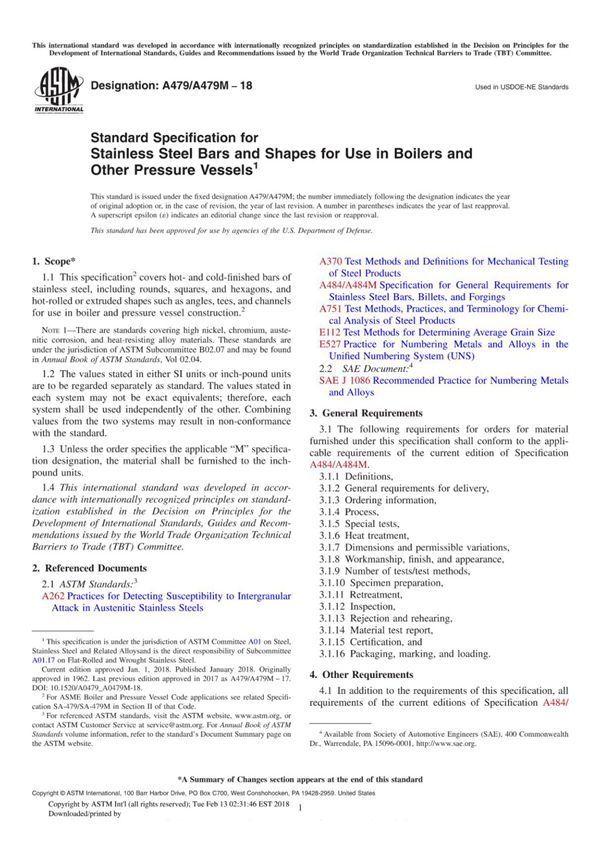 ASTM A479 A479M-2018 锅炉和其他压力容器用不锈钢棒材和型材标准规范