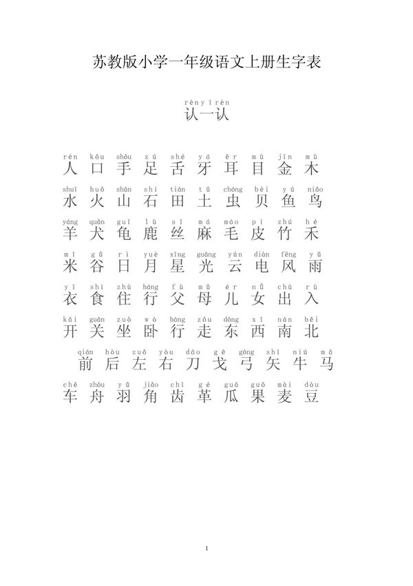 苏教版小学一年级语文上册生字表