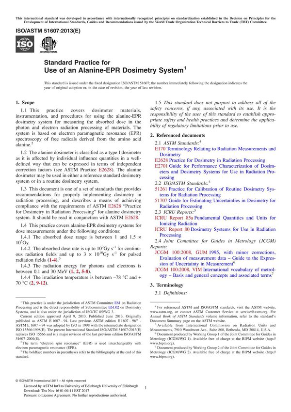 ASTM ISOASTM 51607-13 Standard Practice for Use of an Alanine-EPR Dosimetry System
