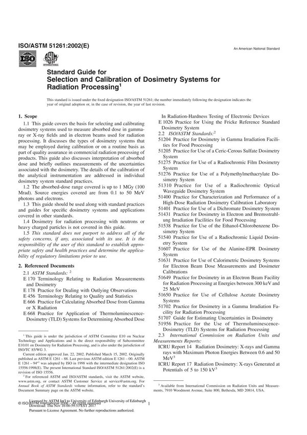 ASTM ISO ASTM51261 - 02 Standard Guide for Selection and Calibration of Dosimetry Systems for Radiation Processing