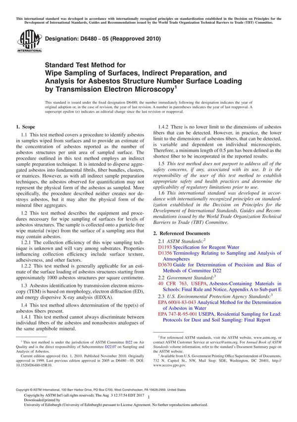 ASTM D6480 05 (Reapproved 2010) Standard Test Method for Wipe Sampling of Surfaces, Indirect Preparation, and Analysis for Asb