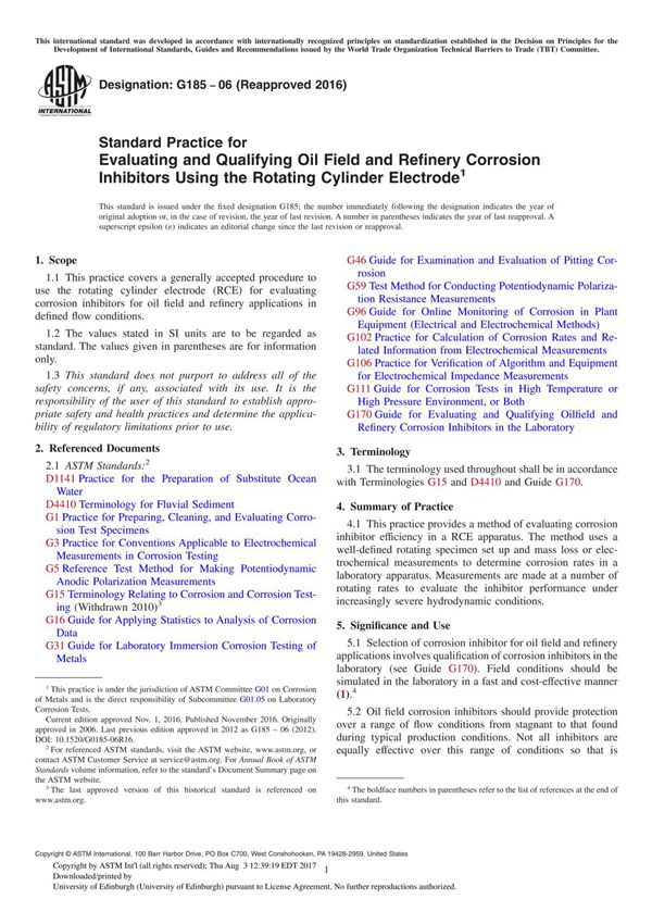 ASTM G185 06 (Reapproved 2016) Standard Practice for Evaluating and Qualifying Oil Field and Refinery Corrosion Inhibitors Usi