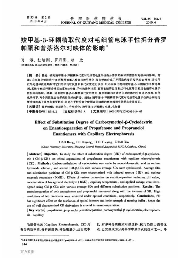 羧甲基β环糊精取代度对毛细管电泳手性拆分普罗帕酮和普萘洛尔对映体的影响
