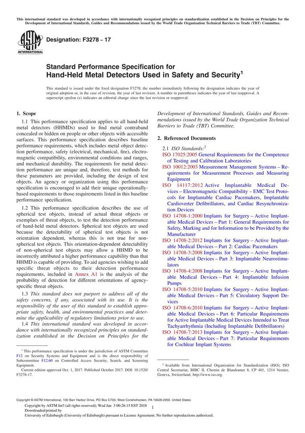 ASTM F3278-17 Standard Performance Specification for Hand-Held Metal Detectors Used in Safety and Security