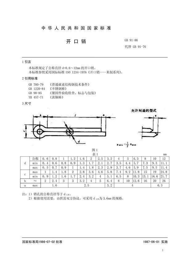 GB91-86开口销标准