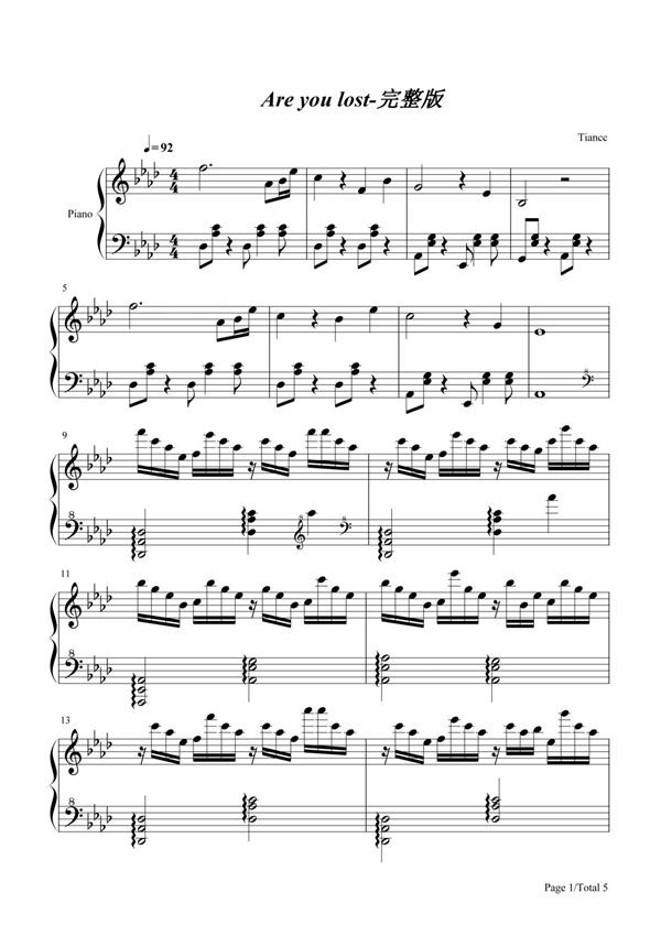 钢琴谱 Are You Lost-完整版-Park Bird 五线谱 共5张(全)