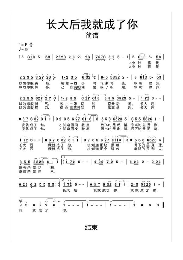 长大后我就成了你简谱乐谱
