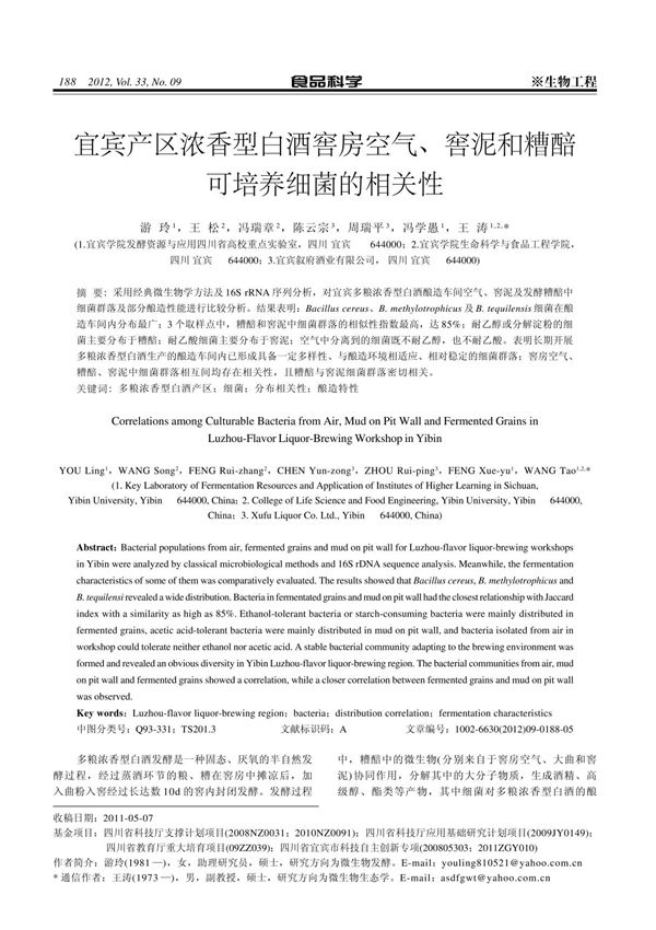 宜宾产区浓香型白酒窖房空气 窖泥和糟醅可培养细菌的相关性