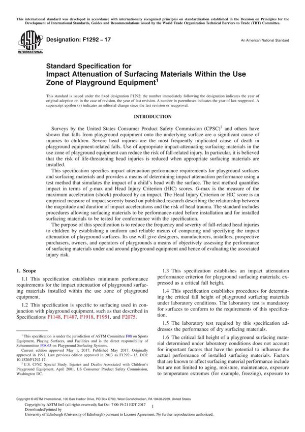 ASTM F1292-17 Standard Specification for Impact Attenuation of Surfacing Materials Within the Use Zone of Playground Equipment