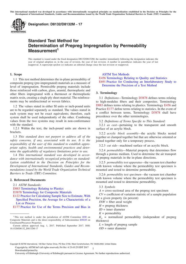 ASTM D8132 D8132M-17 Standard Test Method for Determination of Prepreg Impregnation by Permeability Measurement