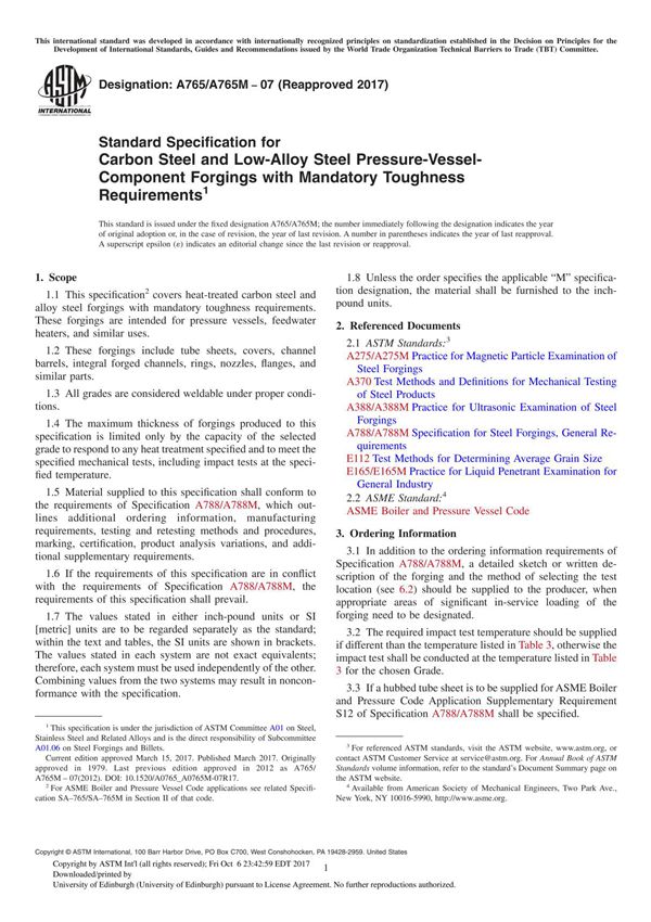 ASTM A765 A765M-07(2017) Standard Specification for Carbon Steel and Low-Alloy Steel Pressure-Vessel-Component Forgings with Man