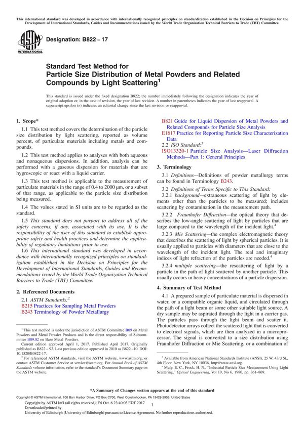 ASTM B822-17 Standard Test Method for Particle Size Distribution of Metal Powders and Related Compounds by Light Scattering