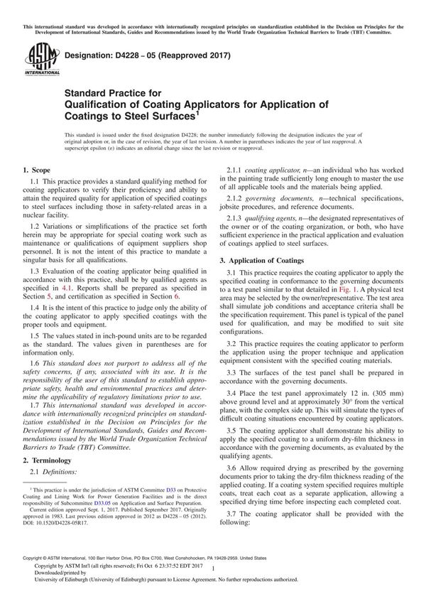 ASTM D4228-05(2017) Standard Practice for Qualification of Coating Applicators for Application of Coatings to Steel Surface