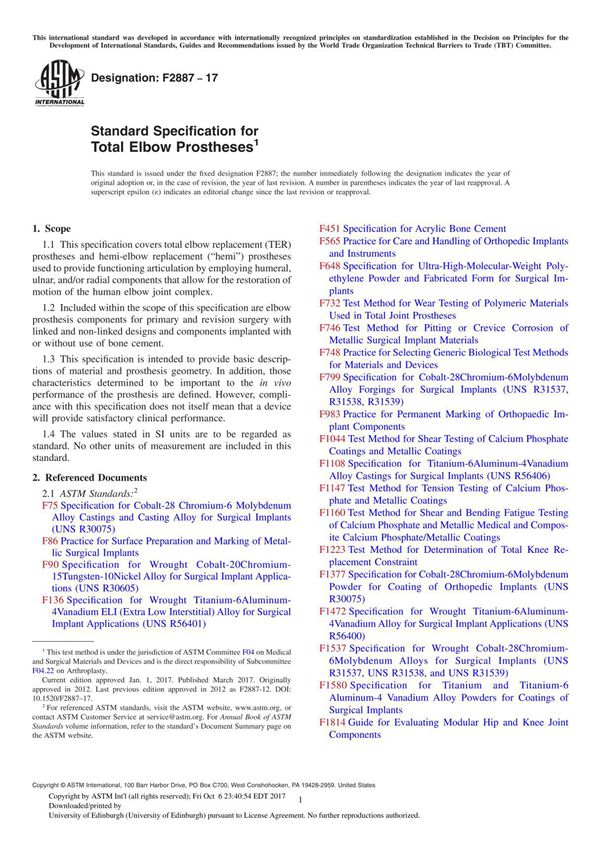 ASTM F2887-17 Standard Specification for Total Elbow Prosthese