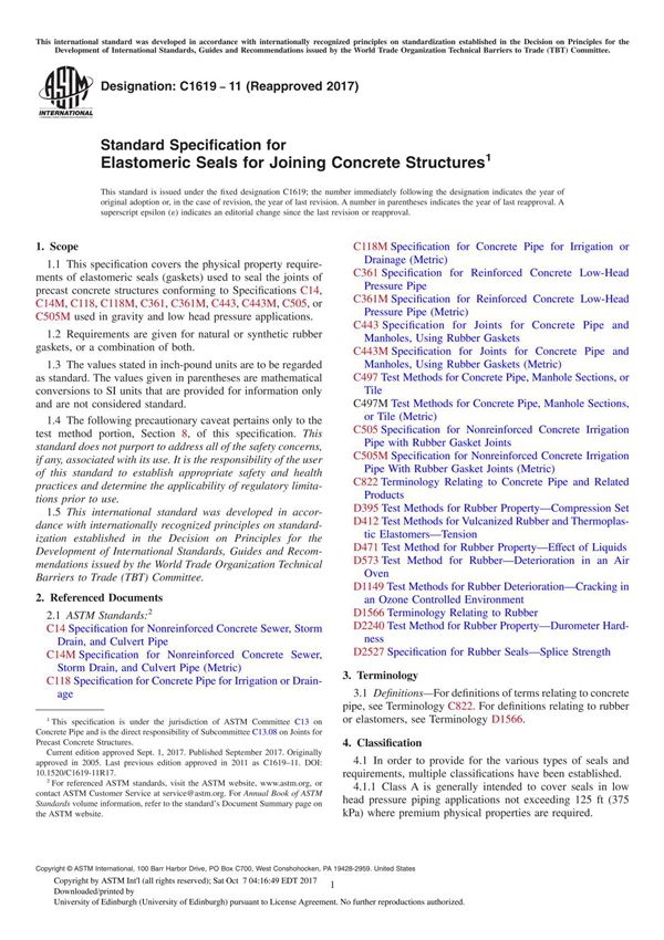 ASTM C1619-11(2017) Standard Specification for Elastomeric Seals for Joining Concrete Structure