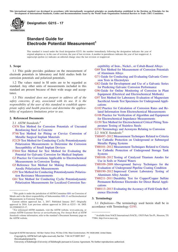 ASTM G215-17 Standard Guide for Electrode Potential Measurement