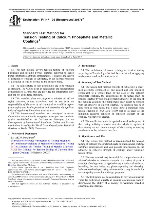 ASTM F1147-05(2017)e1 Standard Test Method for Tension Testing of Calcium Phosphate and Metallic Coating