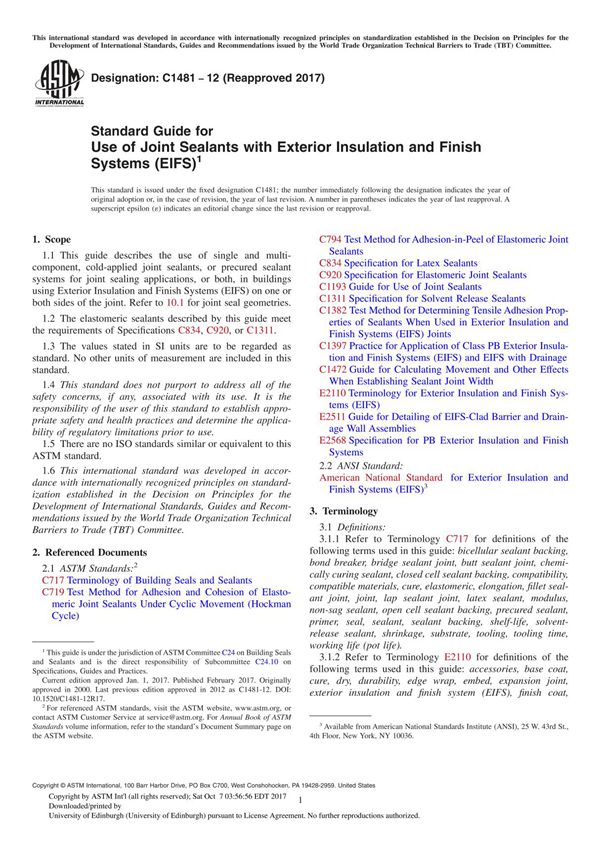 ASTM C1481-12(2017) Standard Guide for Use of Joint Sealants with Exterior Insulation and Finish Systems (EIFS)