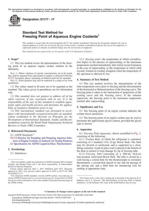 ASTM D1177-17 Standard Test Method for Freezing Point of Aqueous Engine Coolant