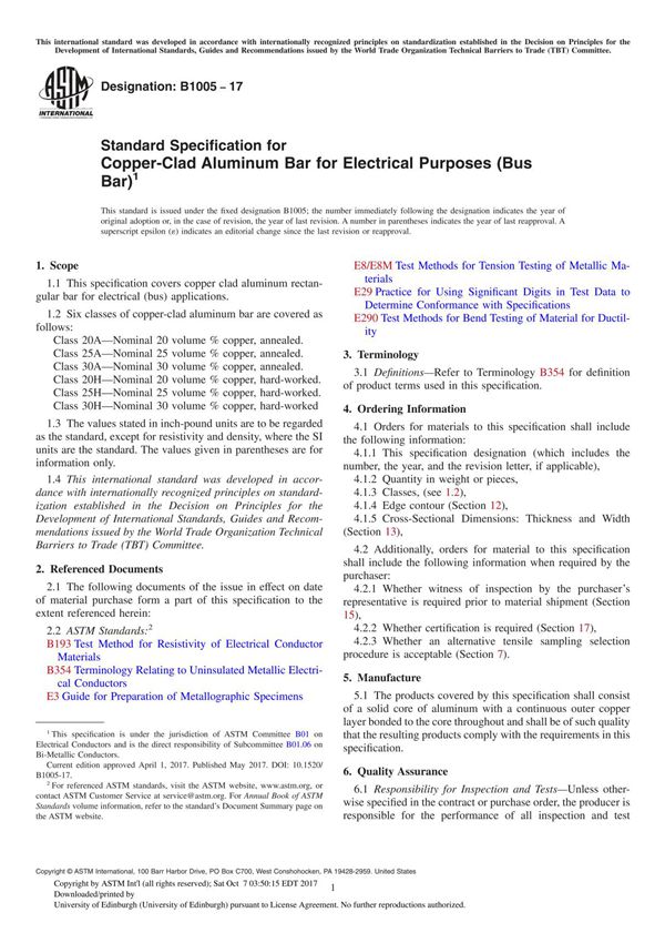 ASTM B1005-17 Standard Specification for Copper-Clad Aluminum Bar for Electrical Purposes (Bus Bar)