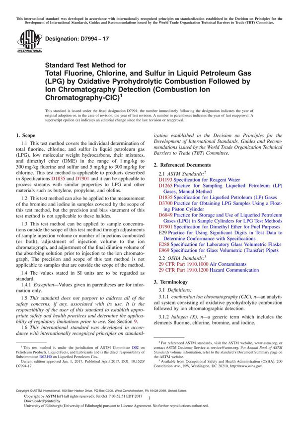 ASTM D7994-17 Standard Test Method for Total Fluorine, Chlorine, and Sulfur in Liquid Petroleum Gas (LPG) by Oxidative Pyrohydro