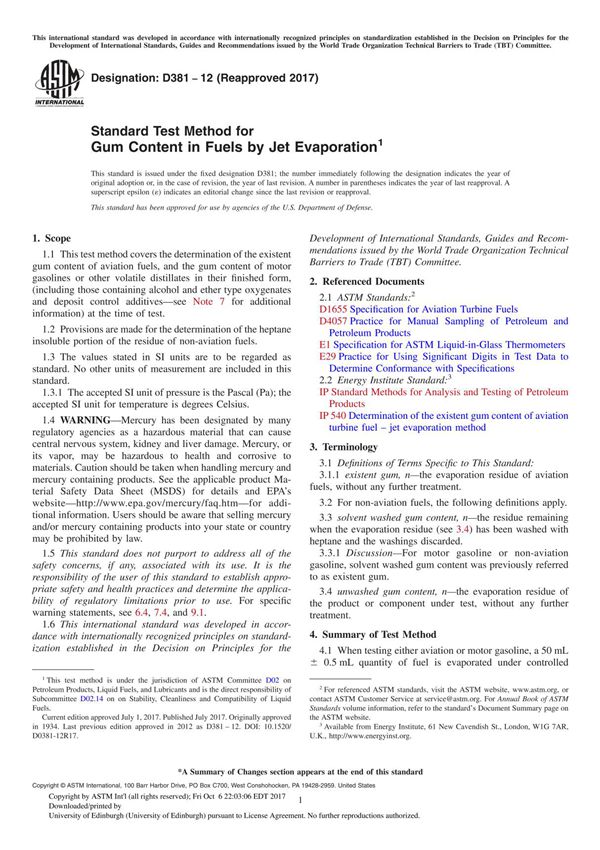 ASTM D381-12(2017) Standard Test Method for Gum Content in Fuels by Jet Evaporation