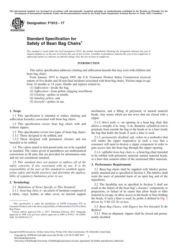 ASTM F1912-17 Standard Specification for Safety of Bean Bag Chair