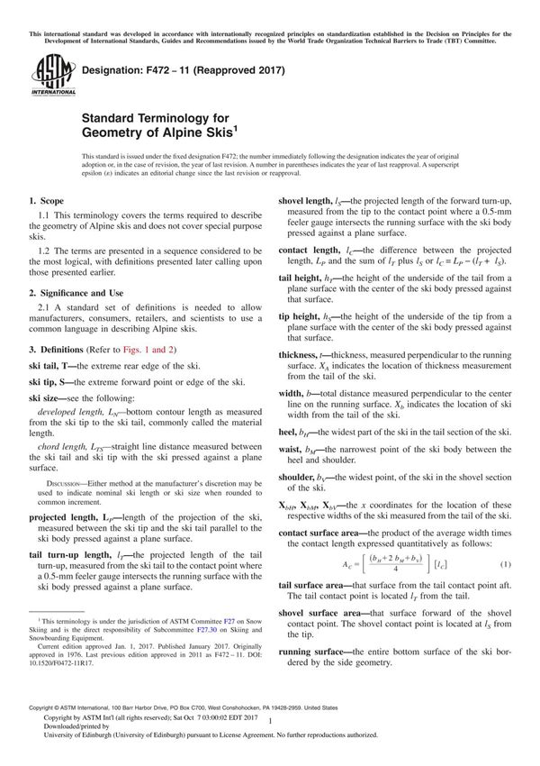 ASTM F472-11(2017) Standard Terminology for Geometry of Alpine Ski