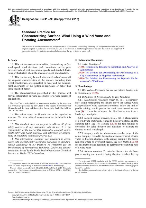 ASTM D5741-96(2017) Standard Practice for Characterizing Surface Wind Using a Wind Vane and Rotating Anemometer