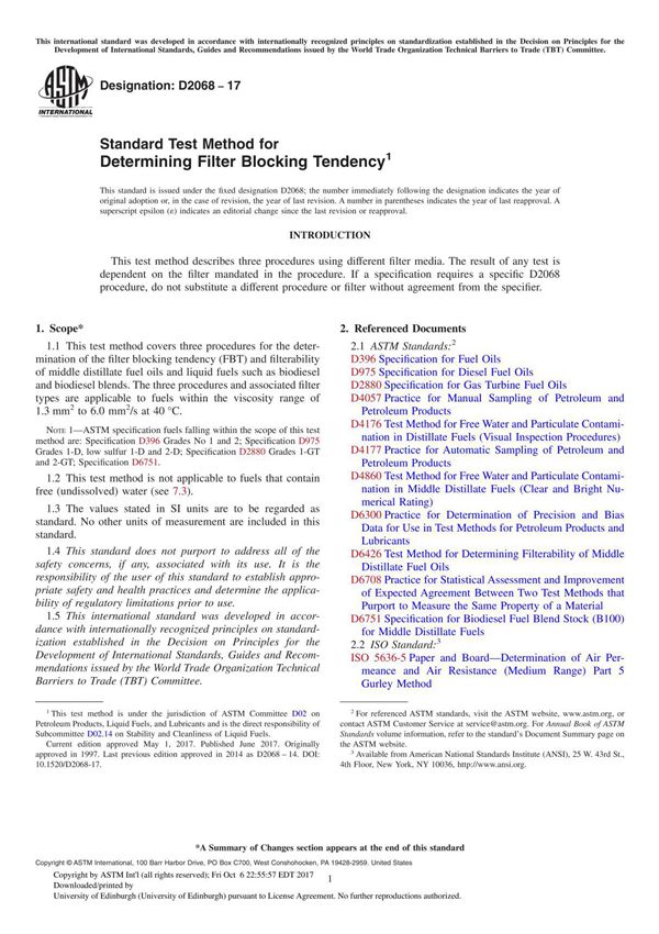 ASTM D2068-17 Standard Test Method for Determining Filter Blocking Tendency