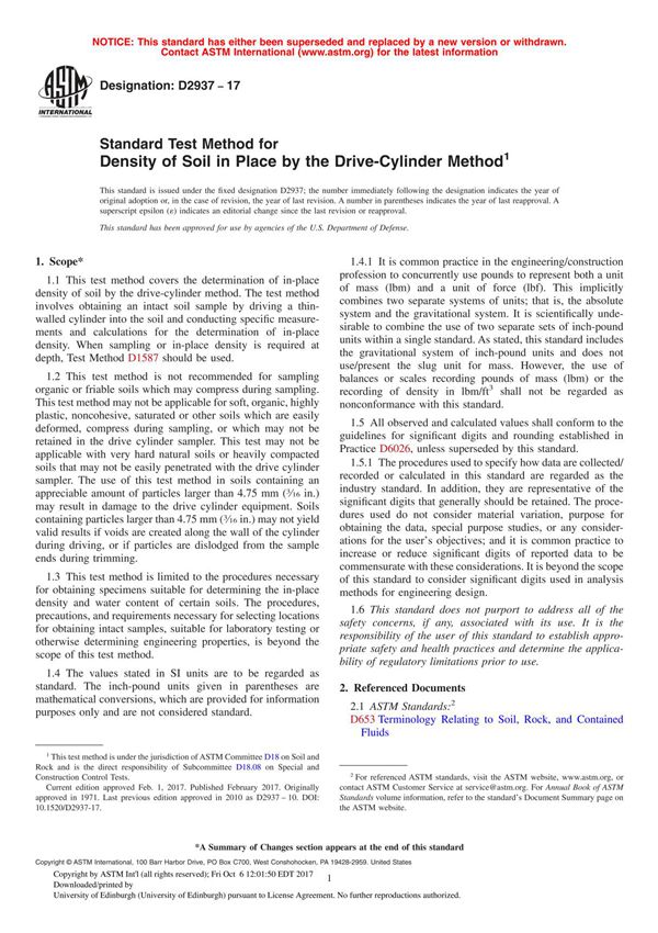 ASTM D2937 - 17 Standard Test Method for Density of Soil in Place by the Drive-Cylinder Method