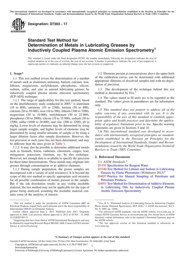ASTM D7303-17 Standard Test Method for Determination of Metals in Lubricating Greases by Inductively Coupled Plasma Atomic Emi