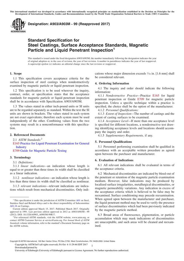 ASTM A903 A903M-99(2017) Standard Specification for Steel Castings, Surface Acceptance Standards, Magnetic Particle and Liquid P