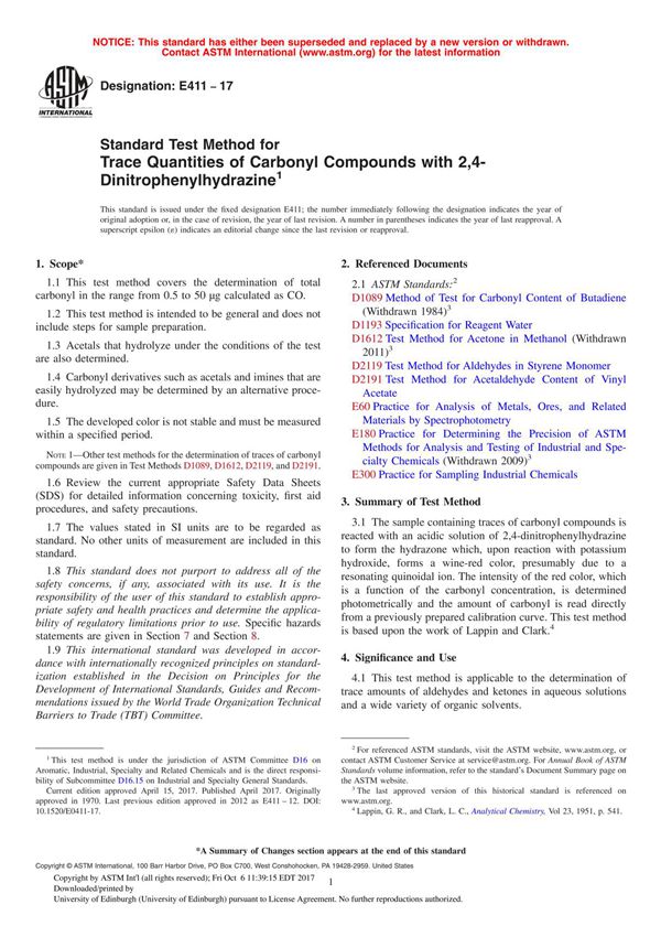 ASTM E411 - 17 Standard Test Method for Trace Quantities of Carbonyl Compounds with 2,4-Dinitrophenylhydrazine