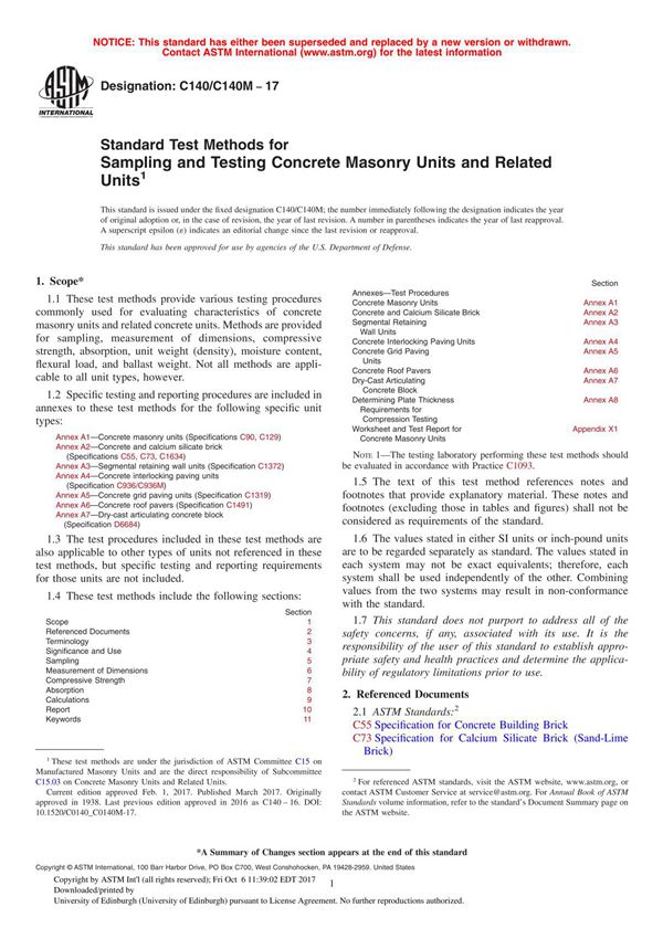 ASTM C140 C140M - 17 Standard Test Methods for Sampling and Testing Concrete Masonry Units and Related Unit