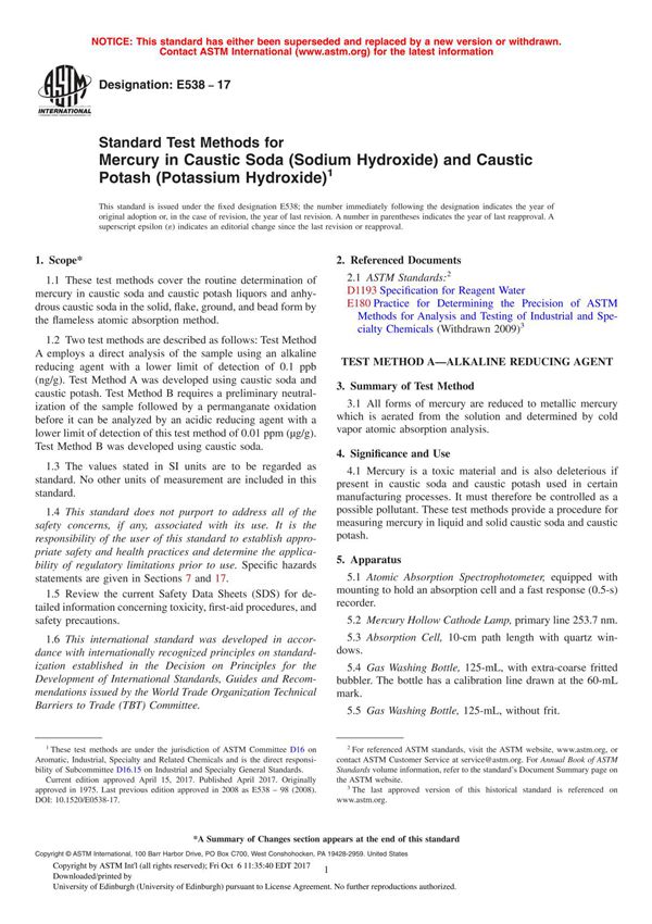ASTM E538 - 17 Standard Test Methods for Mercury in Caustic Soda (Sodium Hydroxide) and Caustic Potash (Potassium Hydroxide)
