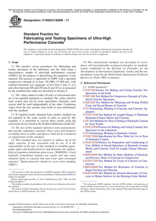 ASTM C1856 C1856M-17 Standard Practice for Fabricating and Testing Specimens of Ultra-High Performance Concrete