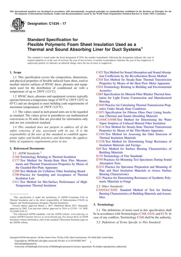 ASTM C1534-17 Standard Specification for Flexible Polymeric Foam Sheet Insulation Used as a Thermal and Sound Absorbing Liner fo
