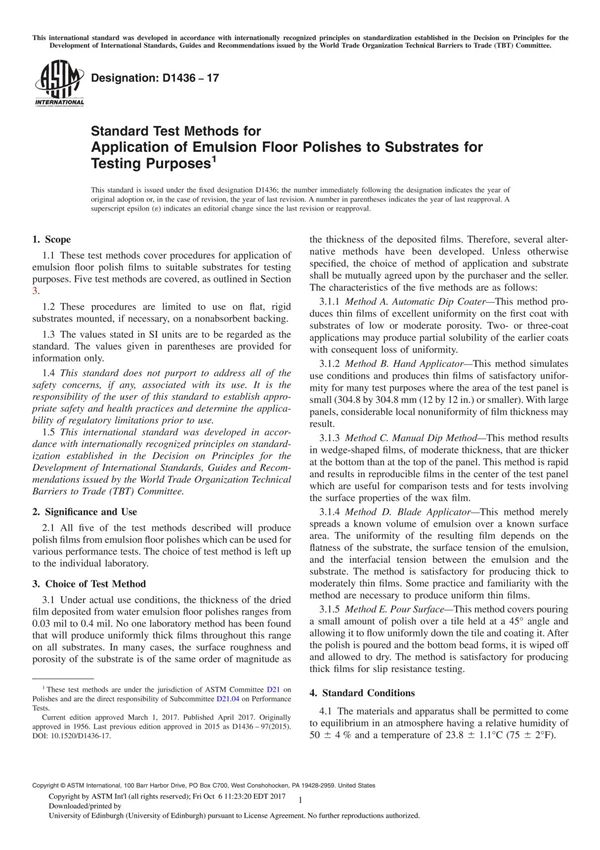 ASTM D1436-17 Standard Test Methods for Application of Emulsion Floor Polishes to Substrates for Testing Purpose