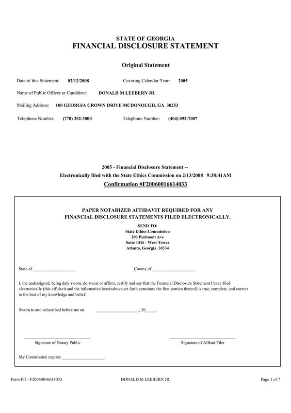 FINANCIAL DISCLOSURE STATEMENT