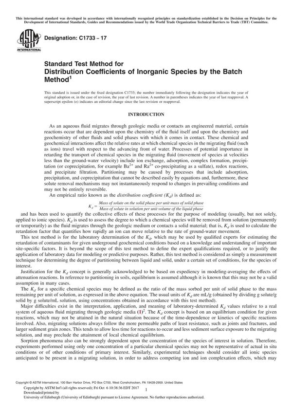 ASTM C1733-17 Standard Test Method for Distribution Coefficients of Inorganic Species by the Batch Method