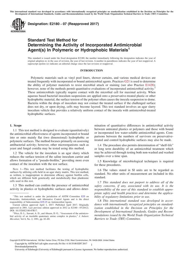 ASTM E2180-07(2017) Standard Test Method for Determining the Activity of Incorporated Antimicrobial Agent(s) In Polymeric or Hyd